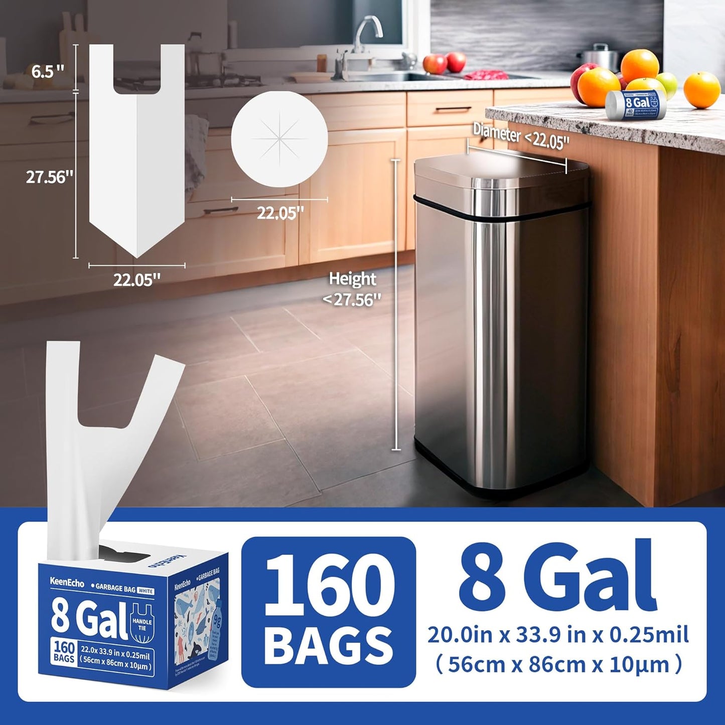Small Trash Bags with Handles 8 Gallon 160 Count White - Ocean Plastic Upcycling - Plastic Garbage Bags, Can Bin & Waste Basket Liner for Kitchen, Bathroom, Office and Pets