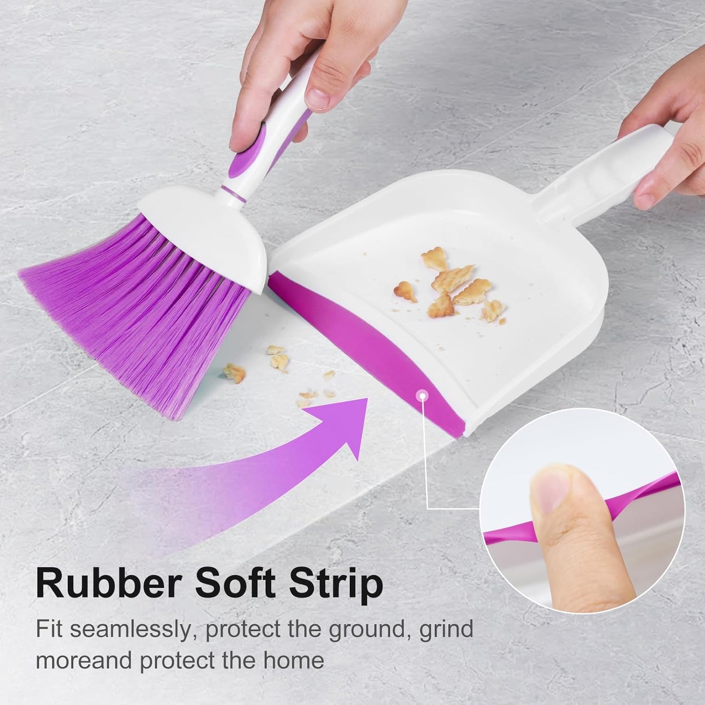 NACENA Small Dust Pan and Brush Set, Mini Broom and Dustpan Set Small Hand Broom and Brush Combo Dust Pan with Teeth for Home Cleaning Drawers Desktop Sofas Pet Care and Outdoor, Purple