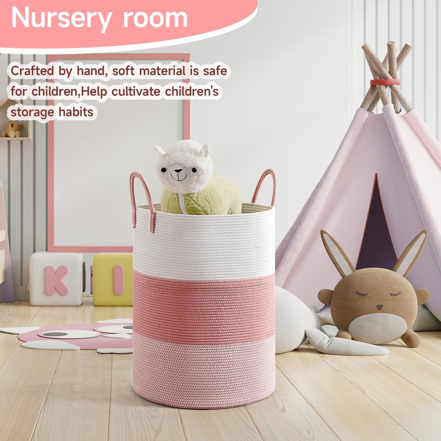 CLHMILY&Z 100L Laundry Basket Round Storage Rope Basket - 18.1x24 Inches - Pink Hamper in Bedreoom and Cute Storage Bin for Blankets, Toys, and Nursery Essentials