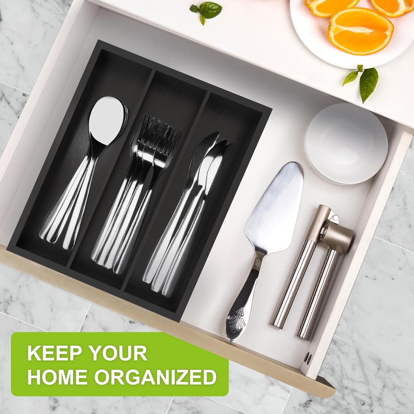 Bamboo Utensil Drawer Organizer, Silverware Tray Organizer, Kitchen Drawer Organizer for Flatware Cutlery (Black, 3 Slots)