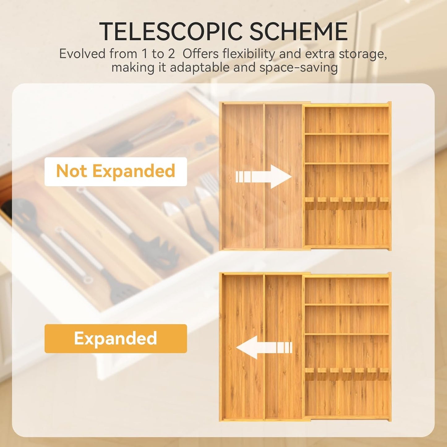 Yofidra Pure Bamboo Silverware Drawer Organizer: 16.9x18.9 Expandable Large Silverware Utensil Tray Holder, 5-Compartment with 6 Card Slots Flatware Organizer Kitchen Organizers and Storage