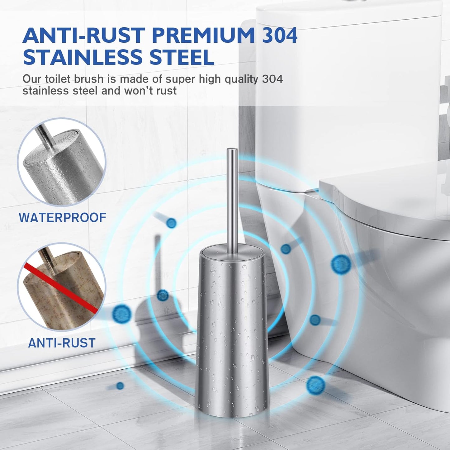 Toilet Brush and Holder, 2 Pack Toilet Brush Stainless Steel, Toilet Bowl Brush for Bathroom Toilet-Ergonomic, Elegant,Durable (Silver)