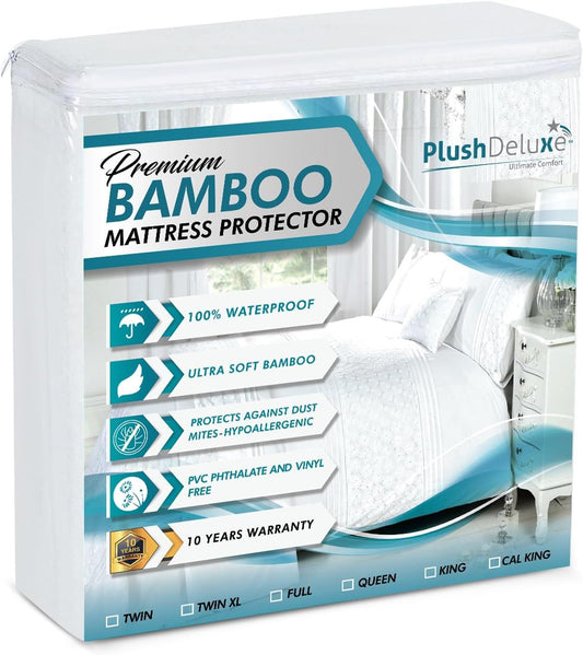 PlushDeluxe Premium Bamboo Mattress Protector – King Size, Waterproof, & Ultra Soft Breathable Noiseless Washable Bed Mattress Cover for Comfort & Protection - White