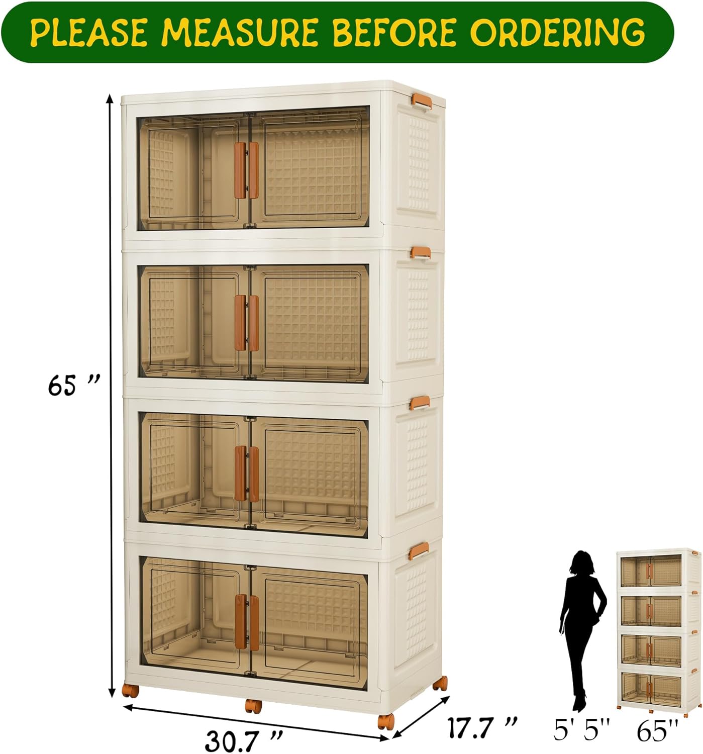 4 Tier Extra Large Stackable Storage Bins with 1 Lid 155 QT/Tier, Collapsible Plastic Box Storage Bin with Wheels, Home Containers Boxes Closet Organizers for Living Room, Office, Dorm