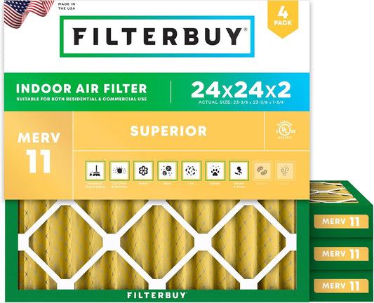 Filterbuy 24x24x2 Air Filter MERV 11 (MPR 1200) Allergen Defense Replacement (4-Pack), Electrostatic Pleated HVAC AC Furnace Filters, Made in USA (Actual Size: 23.38 x 23.38 x 1.75)
