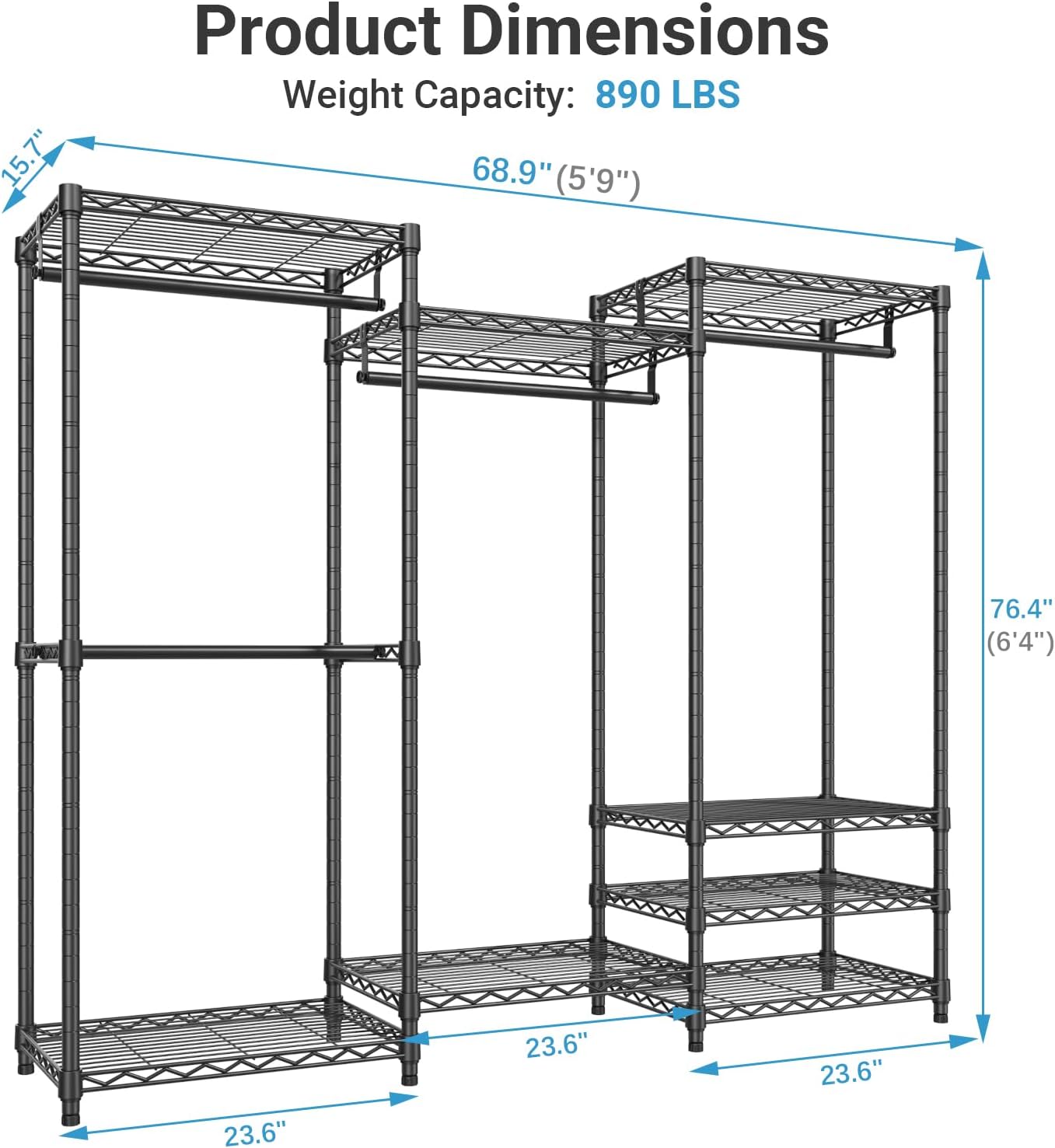 VIPEK V5 Portable Closet Wardrobe Heavy Duty Clothes Rack, Freestanding Clothing Rack with 4 Hang Rods & 8 Shelves, Adjustable Closet Racks, 68.9" L x 15.7" W x 76.4" H, Max Load 890LBS, Black