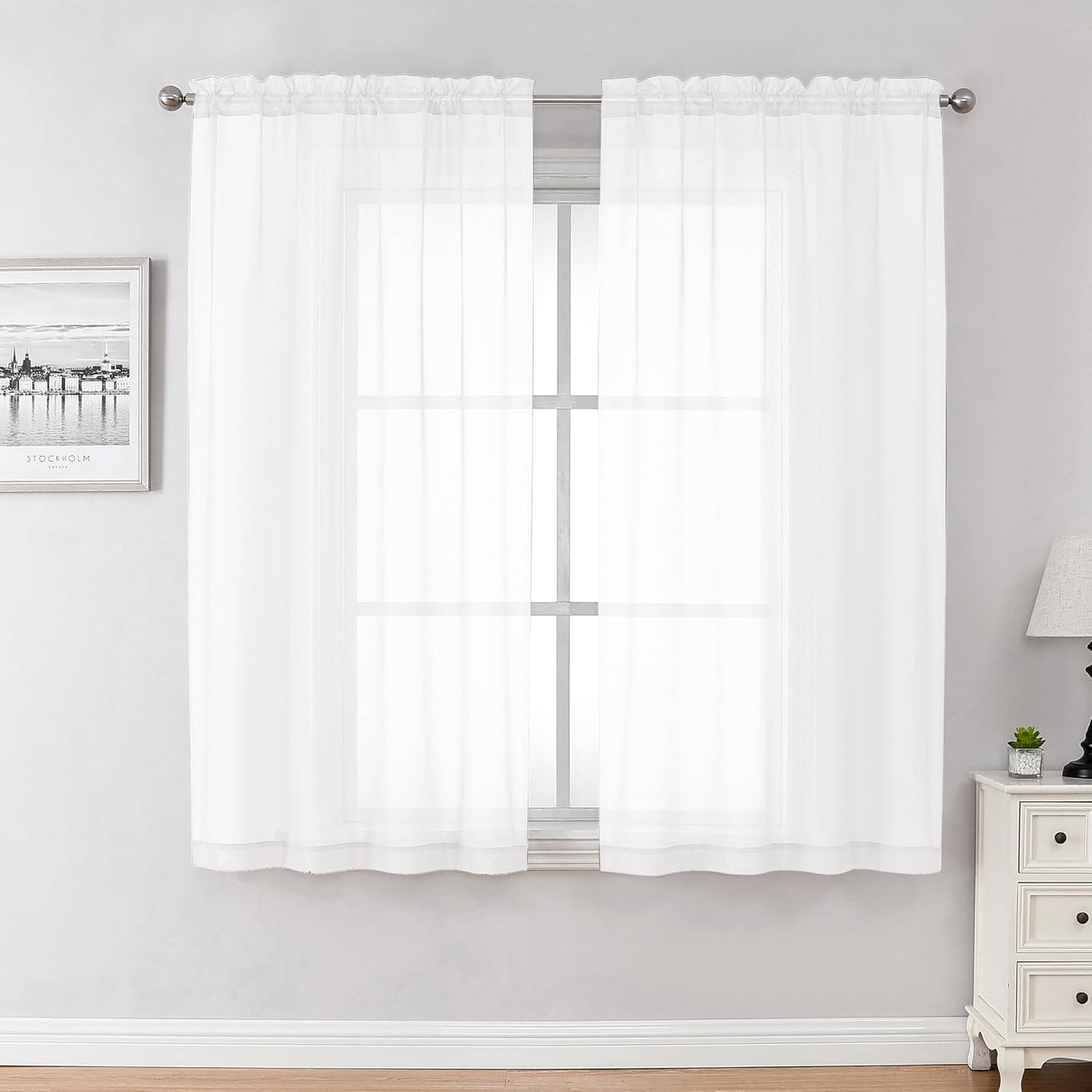 Chyhomenyc White Sheer Curtains 45 Inch Long 2 Panels, Short Voile Drapes for Dinning Small Windows Bathroom Living Room Bedroom, Rod Pocket, 42Wx45L Inches