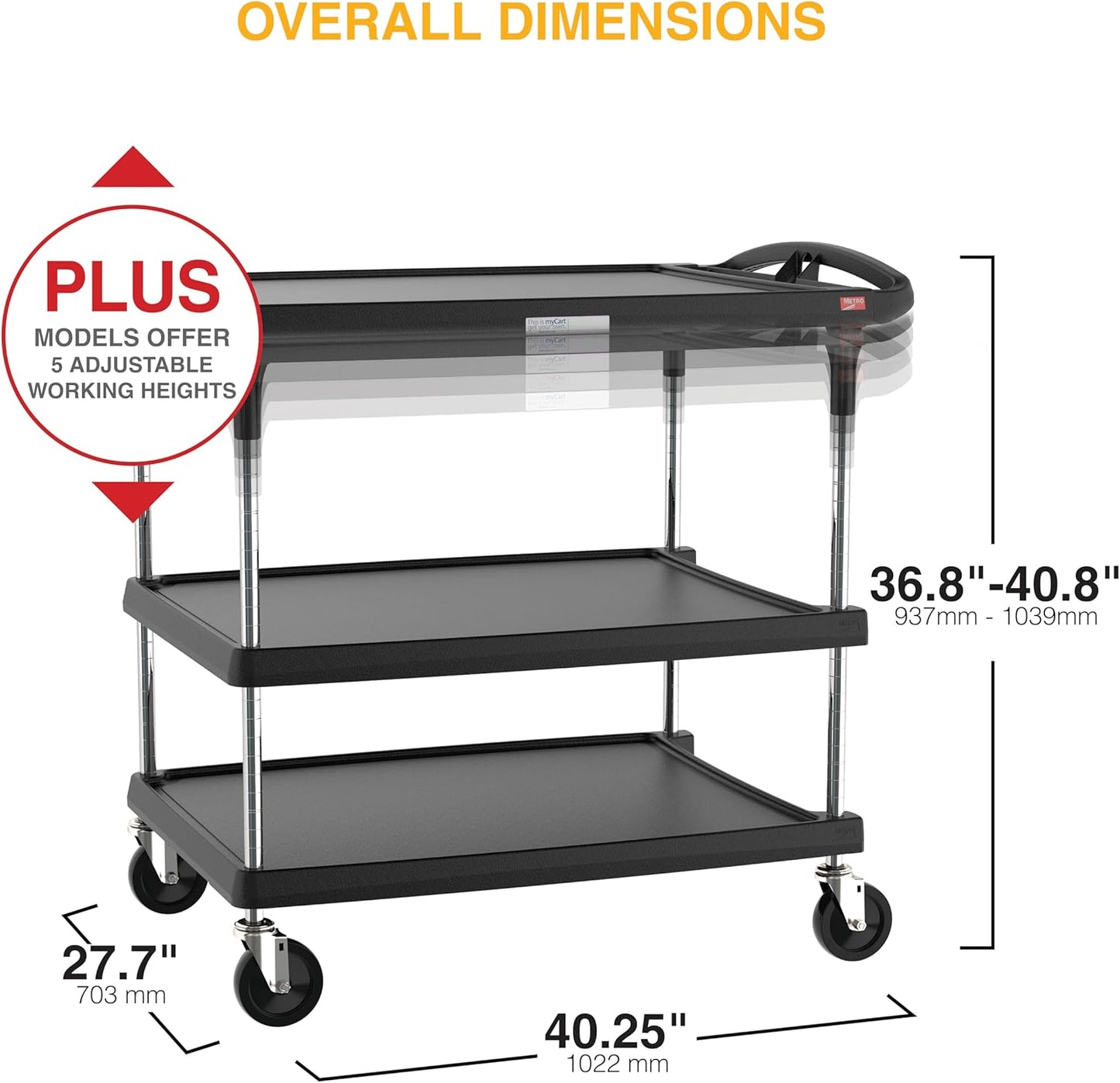 Metro myCart Plus Utility Cart - Choose-Your-Height Adjustable Heavy Duty Rolling Cart for Home, Commercial and Industrial Use - 3-Shelf, 500 lbs Capacity - 27.7" W x 40.25" L x 36.8-40.8" H - Black