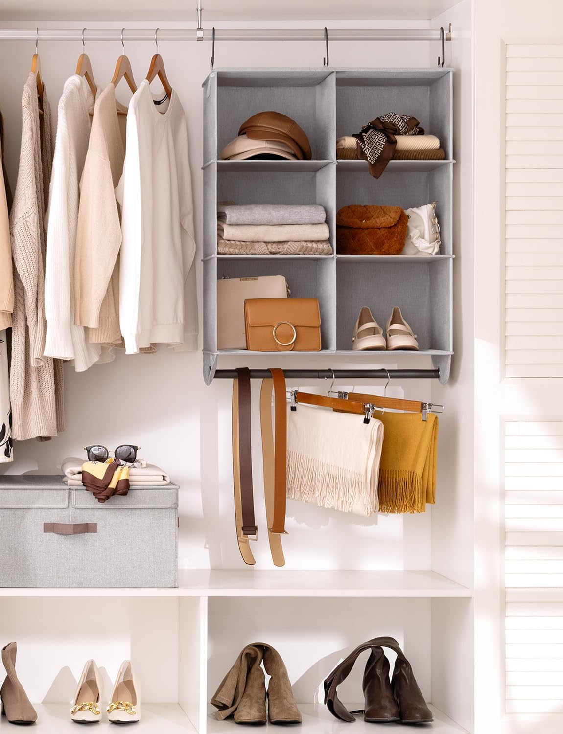 StorageWorks Hanging Closet Organizer with Metal Rod, 6-Section Closet Organizers and Storage, Collapsible Hanging Shelves for Closet, Bedroom, Kids Dorm Room, RV Camper, Grey and White