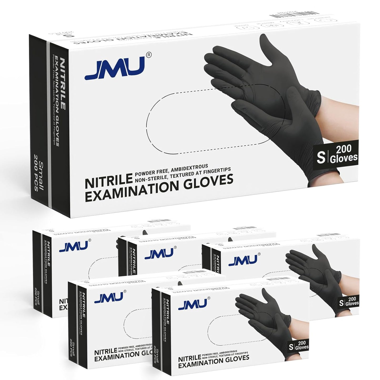 JMU Black Nitrile Gloves Small Case of 1200, 3.5Mil Nitrile Exam Gloves, Latex Free, Powder Free