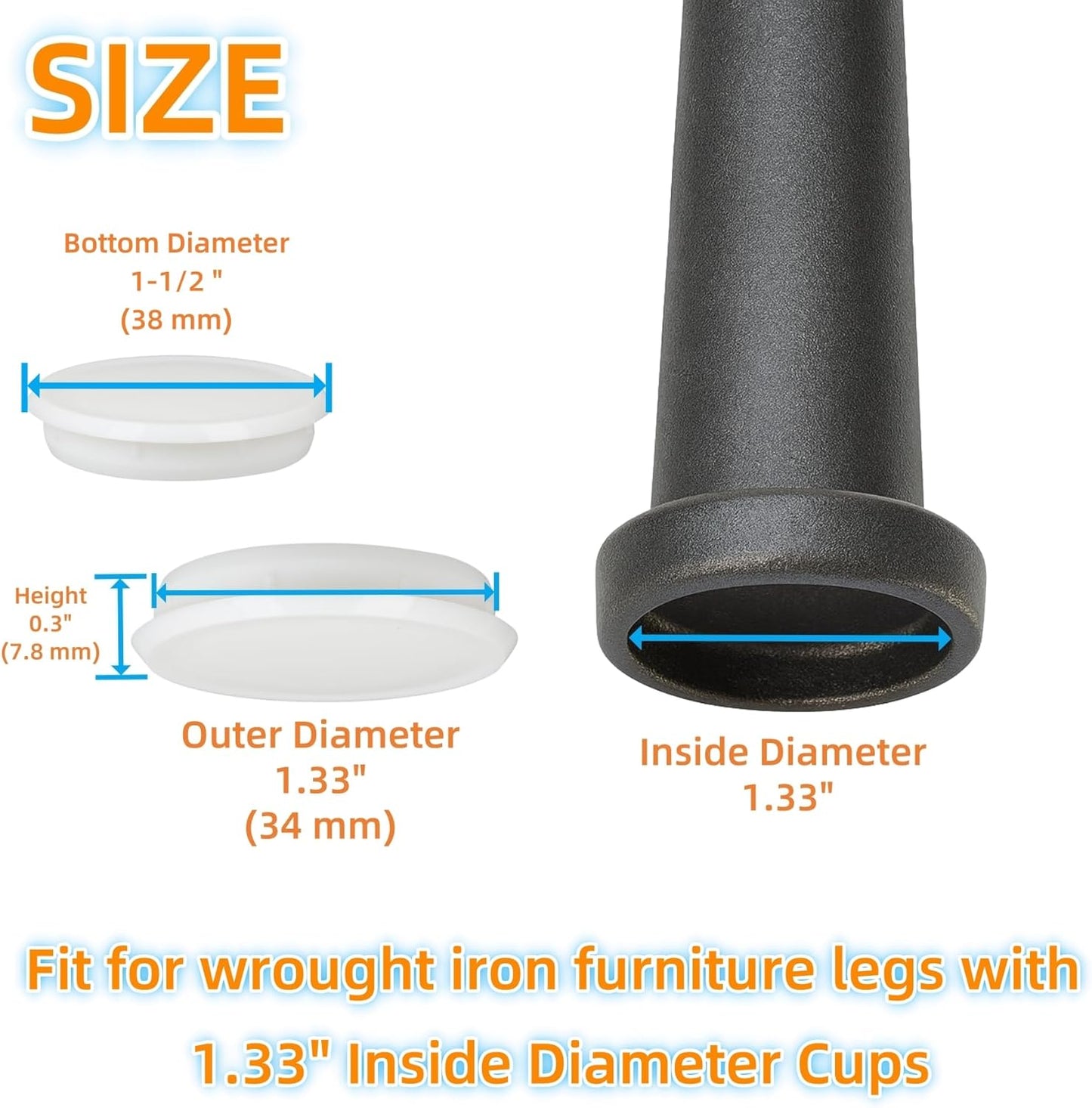 Wrought Iron Patio Furniture Feet Caps - Furnigear 1.33" Round Plastic Outdoor Chair Leg Caps, Floor Protectors for Metal Chairs & Tables, Patio Furniture Replacement Rubber Feet (24 Pack, White)