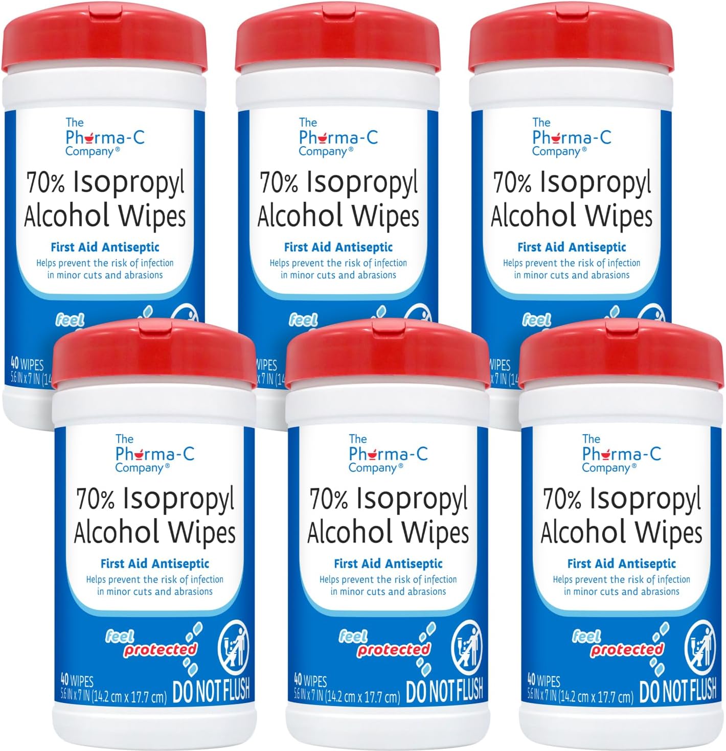 The Pharma-C Company -70% Isopropyl Alcohol Wipes [6 pack - 40ct Canisters] - Bulk IPA First Aid Antiseptic Wound Cleaner with Moisture Lock Lid. For minor cuts, scrapes, and burns.