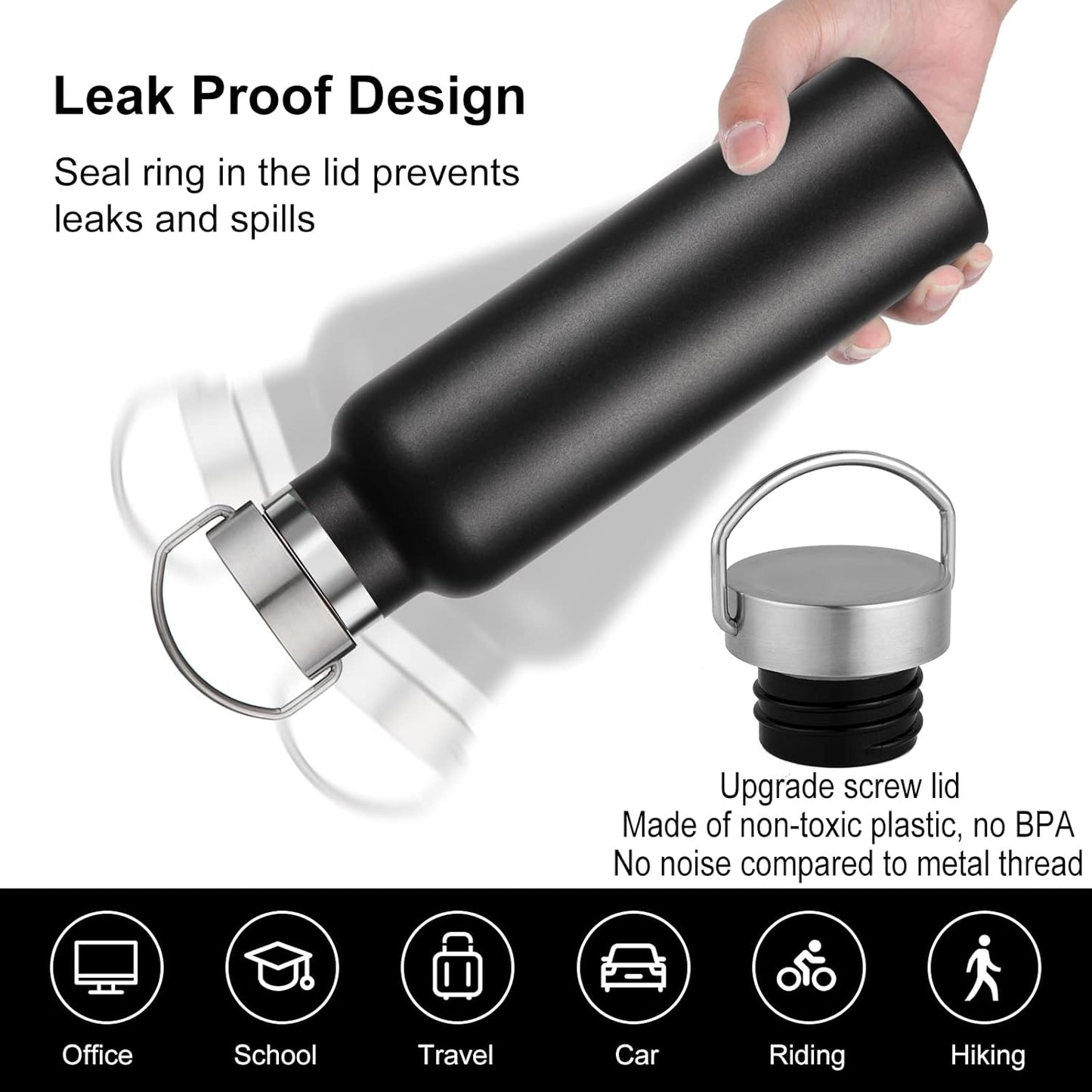 Neihepal 20 oz Insulated Water Bottles Bulk 2 Pack,Stainless Steel Double Wall Sport Bottle with Lid of Handle,Metal Reusable Thermoses Flask with Cup Cap for School,Hikers,Gift (Black,Set of 2)