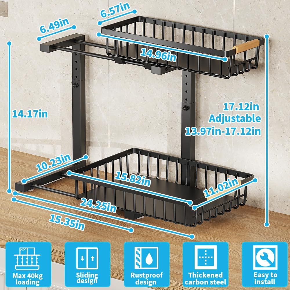 Under Sink Organizer, 2 Tier Under Sink Organizers and Storage, Metal Slide out Pull out Cabinet Organizer,Sliding Drawer Organizer for Kitchen Bathroom Pantry Closet