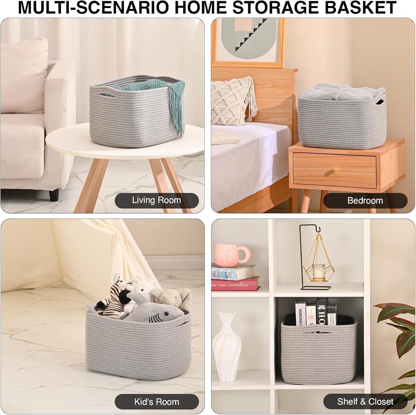 Woven Cotton Rope Storage Basket for Organizing, Cute Decorative Baskets for Gifts Empty, Organizer Bins for Dog Toy, Baby Laundry, 15“×11”×9.5“, Light Grey