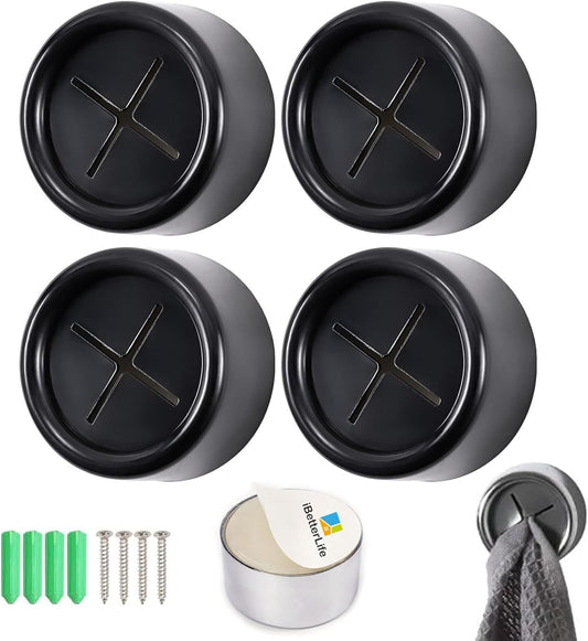 iBetterLife Adhesive Kitchen Towel Hooks - 4 Pack Dish Towel Holder for Cabinet, Push Hand Towel Hook, Dish Cloth Rag Holder for Home Bathrooms, Kitchens, Garages, RV, Within Easy Reach, Matte Black