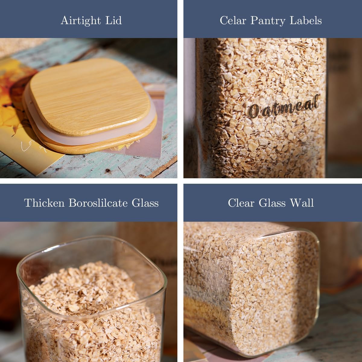 3 Pcs Square Glass Pantry Storage Containers with Bamboo Airtight Lid and 248 Clear Pantry Labels Preprinted - 62oz Thicken Glass Food Storage Jars for Coffee, Cookie, Tea, Sugar, Spice