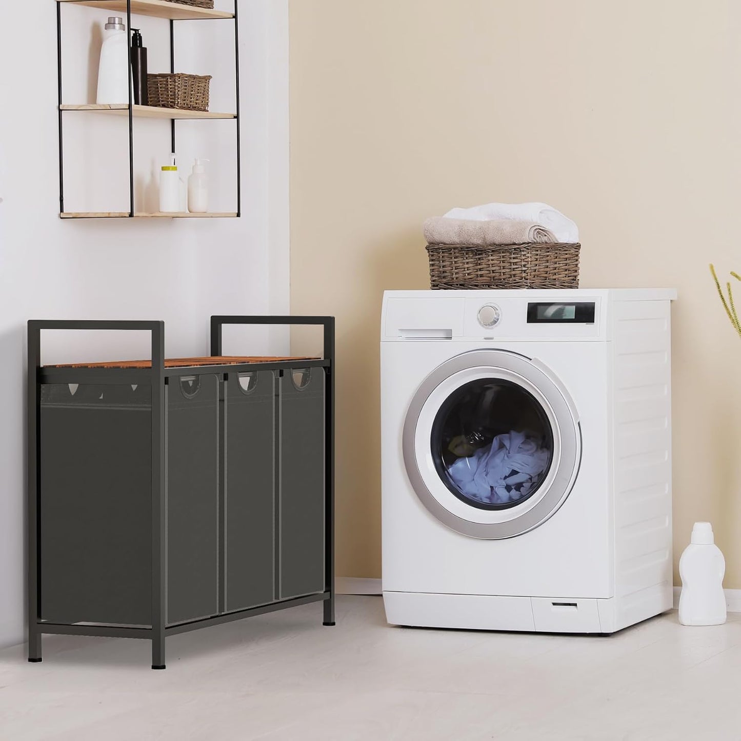 Laundry Hamper, Laundry Sorter with 3 Pull-Out Removable Oxford Fabric Bags Cloth Laundry Basket 3 x 10 Gallons (Grey and Rustic Brown)