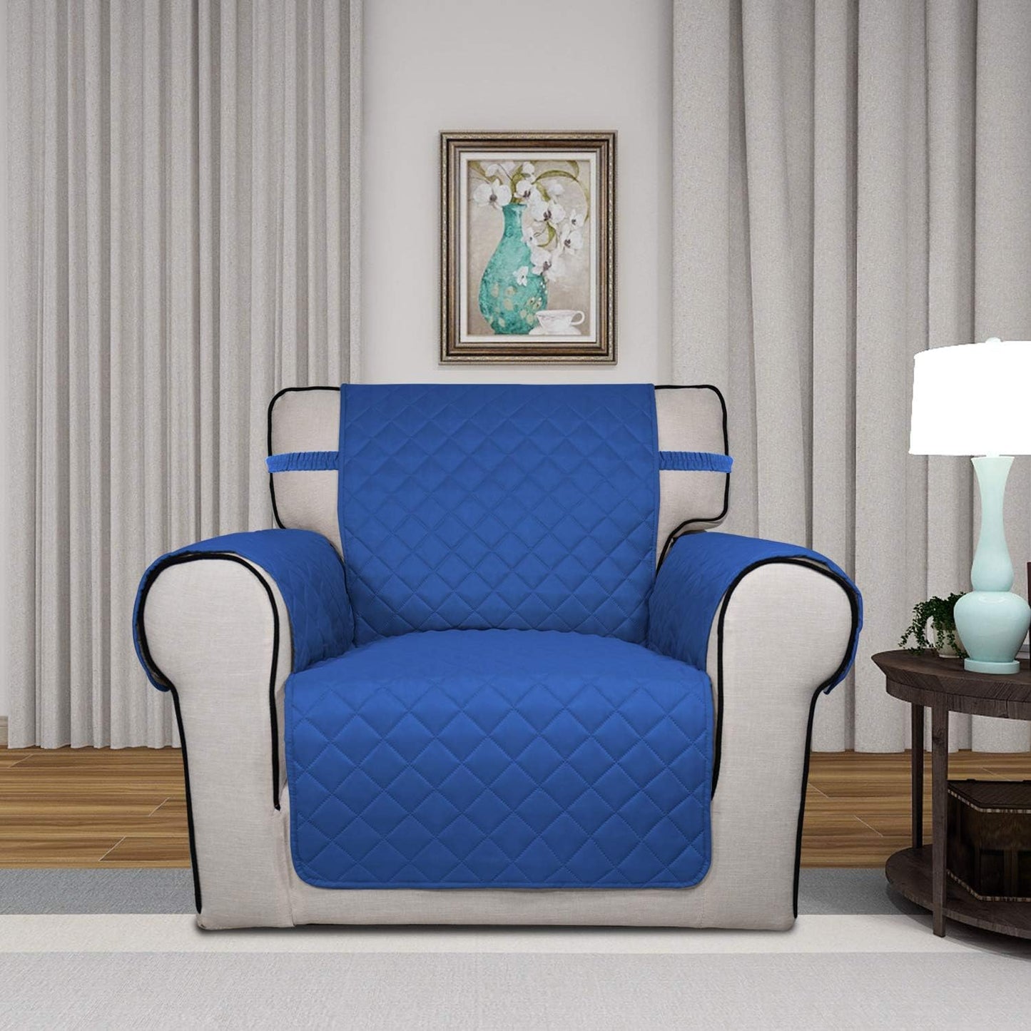 PureFit Reversible Quilted Sofa Cover, Water Resistant Slipcover Furniture Protector, Washable Couch Cover with Non Slip Foam and Elastic Straps for Kids, Pets (Chair, Classic Blue/Ivory), Small