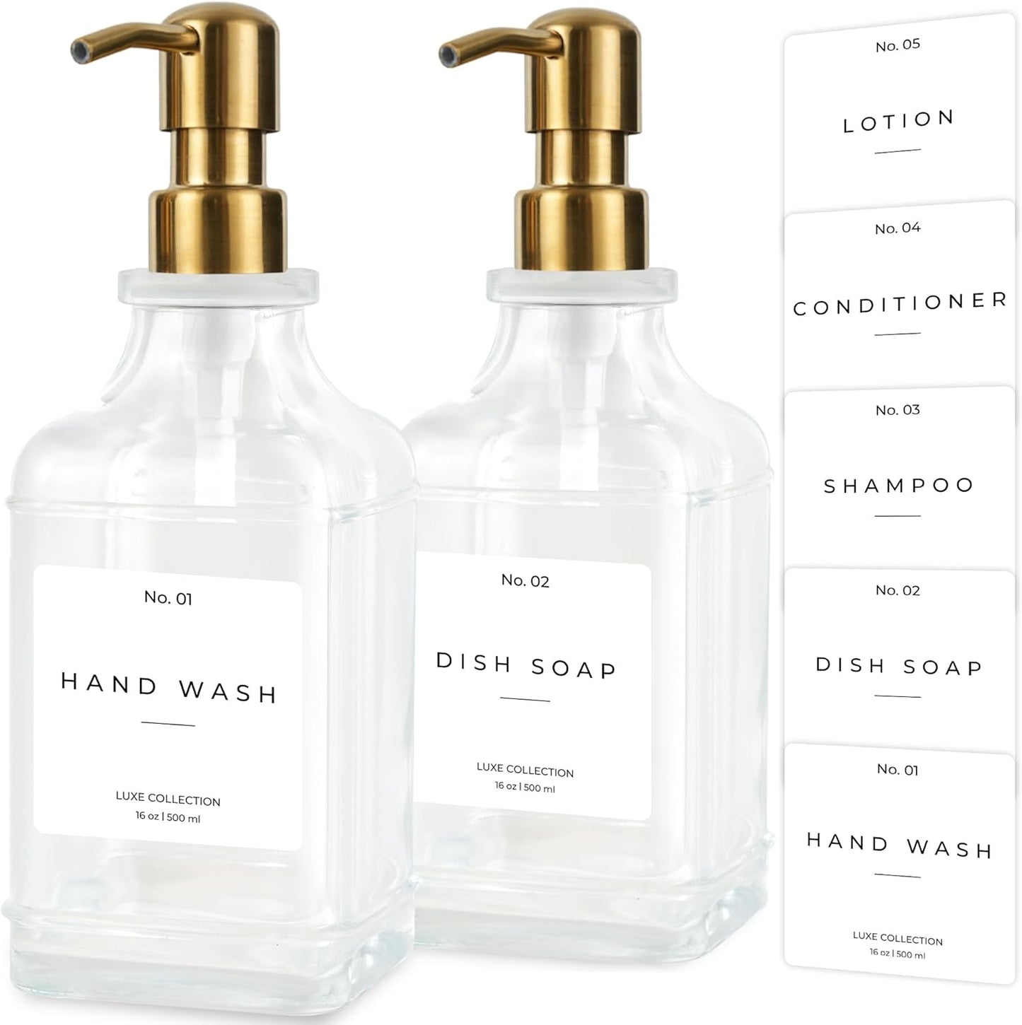 Emerson Essentials Soap Dispenser, Dish Soap Dispenser, Soap Dispenser Bathroom Set, Hand Soap Dispenser, Kitchen Soap Dispenser Set, Glass Soap Dispenser with Pump and Labels | 16 Oz, 2-Pack