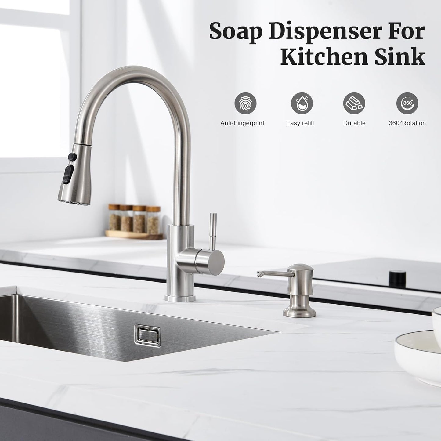 Sink Soap Dispenser for Kitchen Sink Brushed Nickel Upgrade with 40" Silicone Extension Tube Kit, Connect to Your Soap Bottle Directly