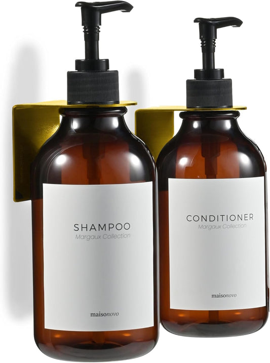 MaisoNovo Shampoo and Conditioner Dispenser - Shower Soap Dispenser Wall Mounted - 16.9 fl oz Set of 2 Amber Plastic Bottles Black Pump - 2 Chamber No Drill