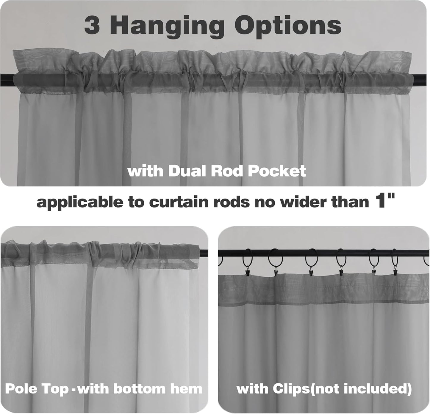 Chyhomenyc Sheer Charcoal Grey Valances for Windows 2 Pack, Small Window Curtains for Living Room Bathroom Cafe Laundry Basement, Modern Top Dual Rod Pocket Voile Curtain, 42W x 18L inches