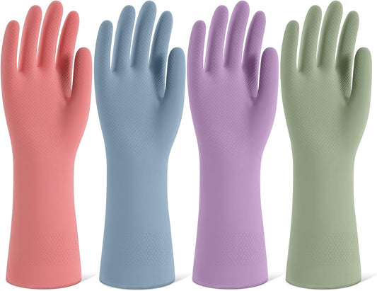 Rubber Cleaning Gloves for Dishwashing, 4 Pairs Reusable Kitchen Gloves for Washing Dishes and Household Cleaning, Colorful Dish Gloves with Flocked Lining and Non-Slip Grip, Pefect for Woman Men - L