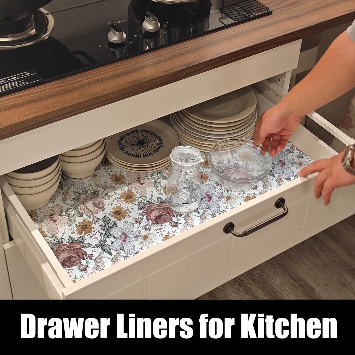 Floral Drawer Shelf Liners, Non Adhesive and Strong Non-Slip Cabinet Drawer Shelf Liners for Kitchen Wire Fridge, Waterproof Shelf Liner,Easy to Clean,12IN x 10FT
