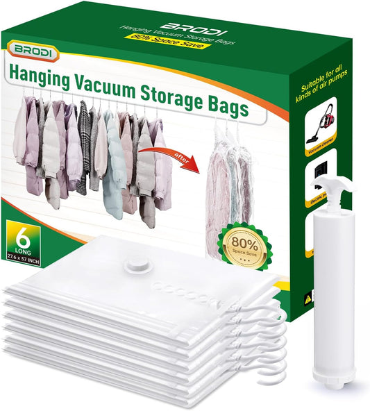 Hanging Vacuum Storage Bags For Clothes With Hand Pump,Coat Storage Bag Hanging,Vacuum Bags For Clothes,Space Saver Vacuum Storage Bags,Garment, Clothing, Dress, Suit, Long Coat, Jacket(Long 6 Pack）