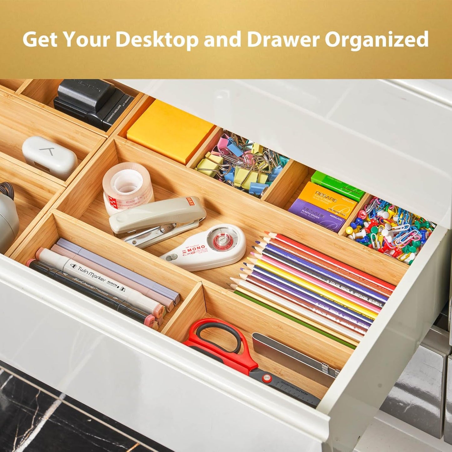 Umilife Large Bamboo Desk Drawer Organizer, Wood Junk Organizer Tray with Adjustable Dividers, Anti-Skip Storage Organization in Office Bathroom Drawer for Vanity, Makeup, 15" x 12"