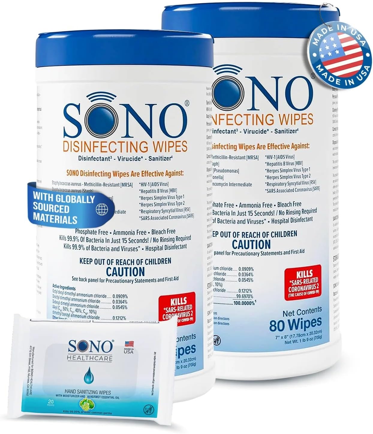 SONO Disinfecting Wipes - 160 Count (Pack of 2) + Sanitizer, Alcohol-Free, No Bleach, Medical-Grade, Multi-Surface Cleaning for Home, School, Office