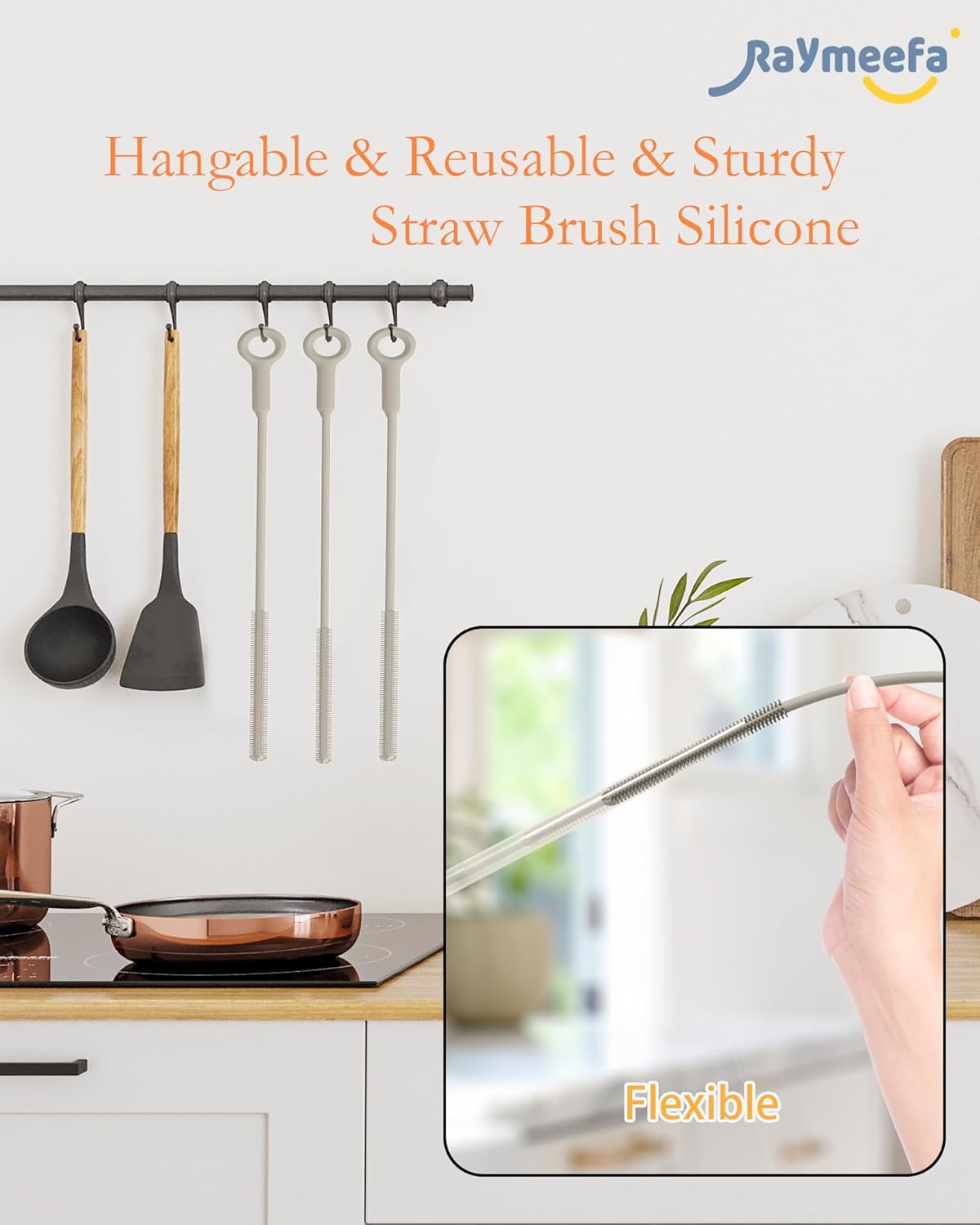 Extra Long Straw Cleaner Brush,Reusable and Soft Silicone Straw Cleaning Brush to Clean Crevice(Khaki)