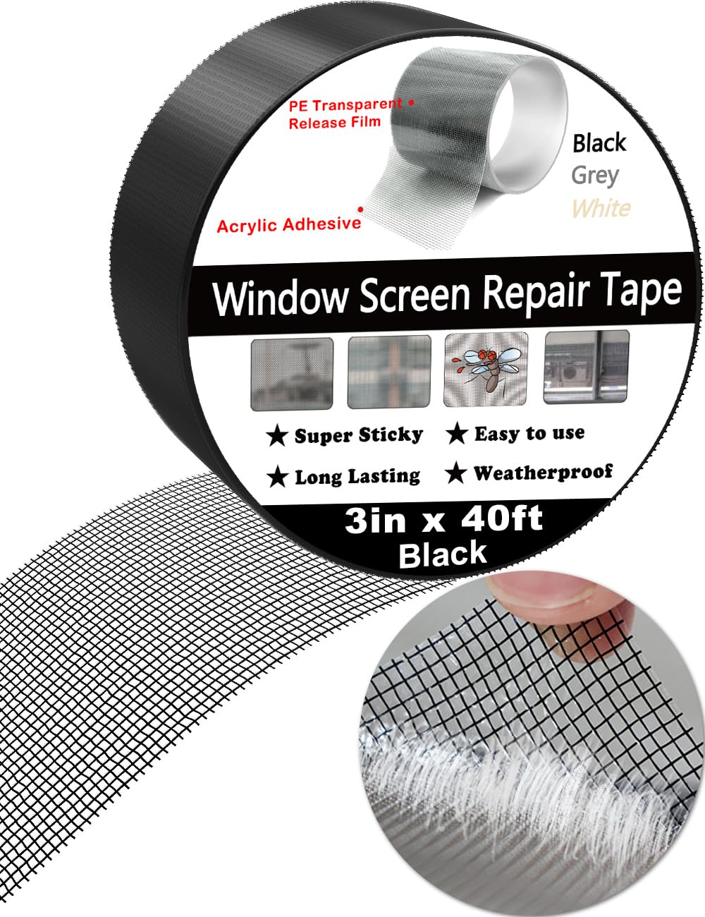 Wohohoho Window Screen Repair Tape, 3 in X 40 FT (480IN) Black Screen Patch Repair Kit, 3-Layer Strong Adhesive Invisible Screen Tape Mesh Repair for Windows, Doors Garage Mosquito Net Magnetic Screen