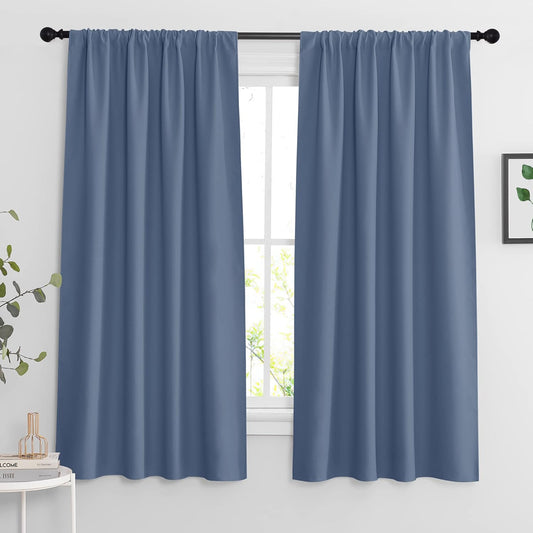 RYB HOME Blackout Curtains 63 inches Long - Energy Saving Insulation Large Window Curtain Blinds for Bedroom Living Room Dining Basement Home Office, W 62 x L 63 per Panel, Stone Blue, 2 Pcs