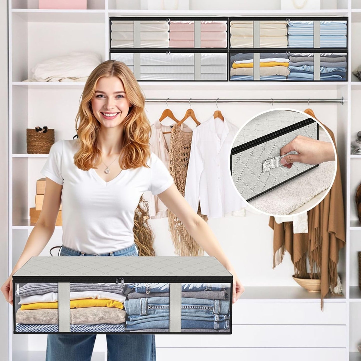 StorageRight Under Bed Storage Bins, 10-Pack 40L Foldable Fabric Storage Bags with Transparent Window, Breathable Organizer for Clothes/Blanket/Comforter/Quilt, White