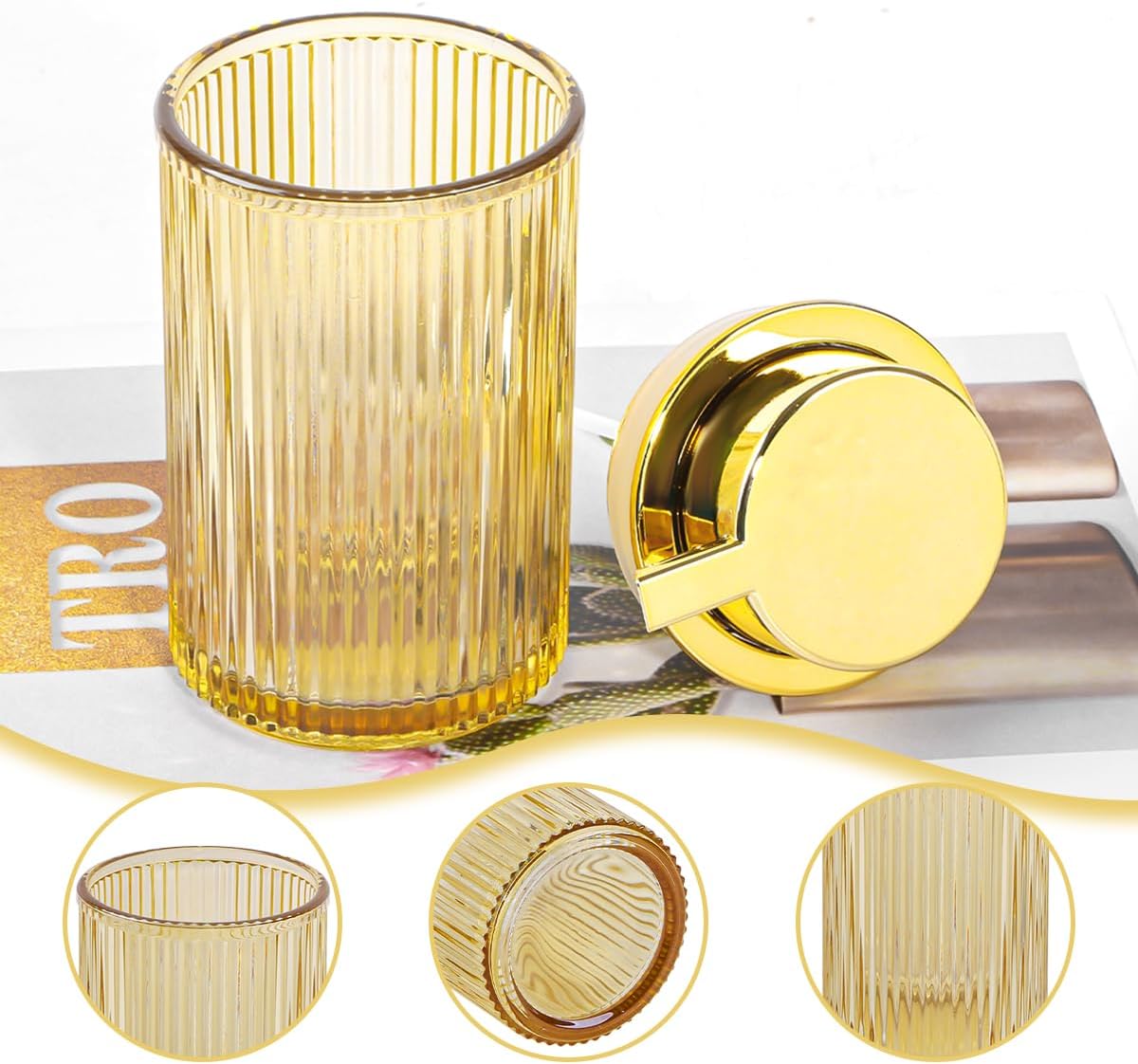 Amber Foaming Soap Dispenser, Glass Foam Hand Soap Dispenser with Gold Pump, 11 Oz Bathroom Refillable Liquid Lotion Pump Ribbed Bottle Container for Kitchen Countertop Decor