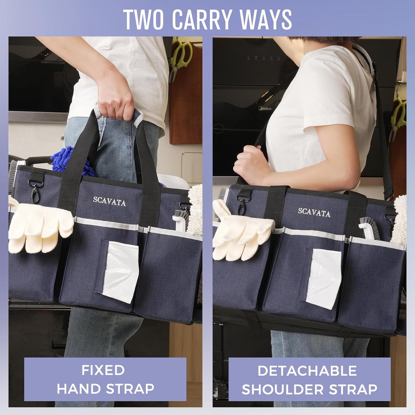 Wearable Caddy Bag, Cleaning Supplies Organizer With Handle & Shoulder Straps for Housekeepers, Under Sink & Car Tool Organizers With 4 Foldable Divider (NavyBlue)