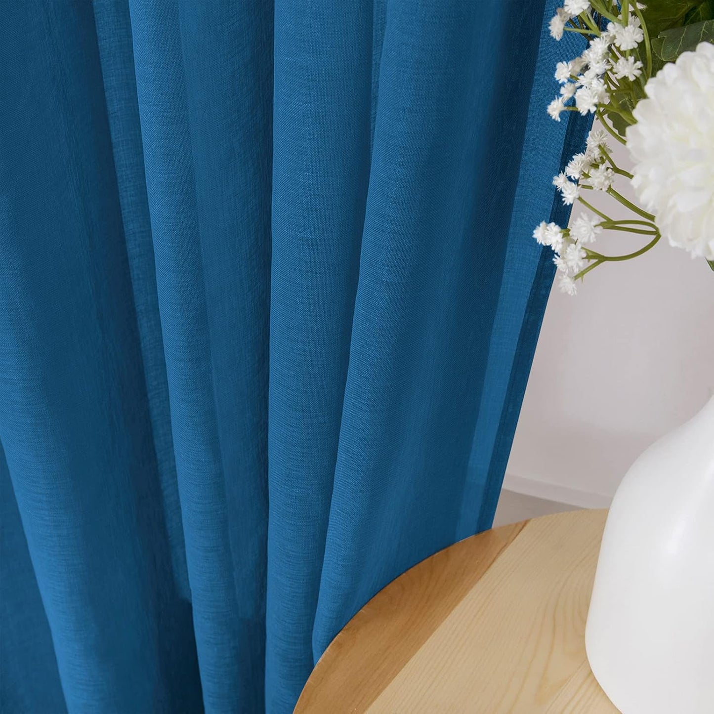 Tollpiz Short Sheer Tier Curtains Linen Textured Half Kitchen Curtain Sheers Light Filtering Rod Pocket Voile Small Curtain for Bathroom, 25 x 24 inches Long, Classic Blue, Set of 2 Panels