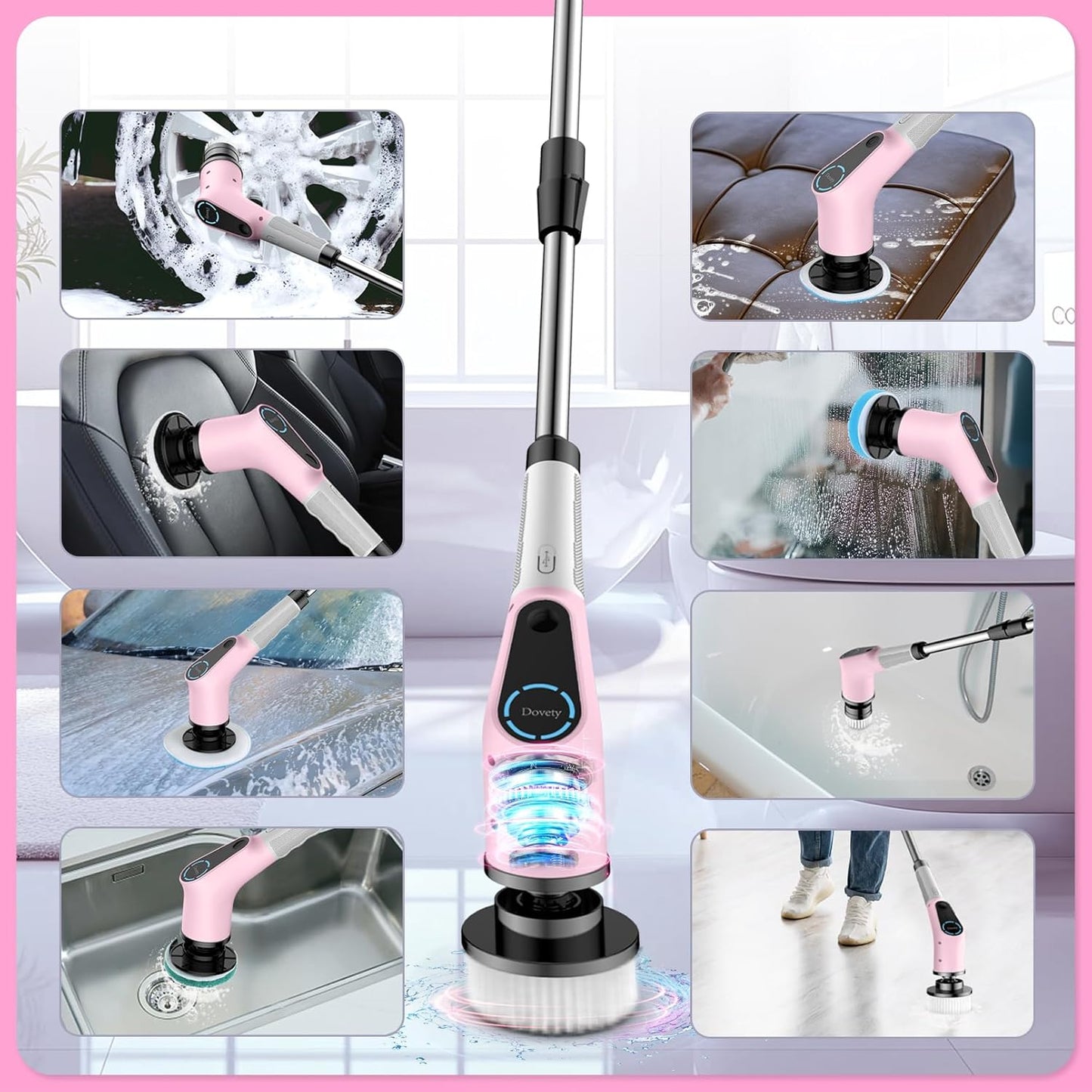 Electric Spin Scrubber, Cordless Cleaning Brush, Shower Scrubber with 8 Replaceable Brush Head, Power Cleaning Brush with Extension Handle, 2 Adjustable Speed, for Bathtub Tile Floor (Pink)