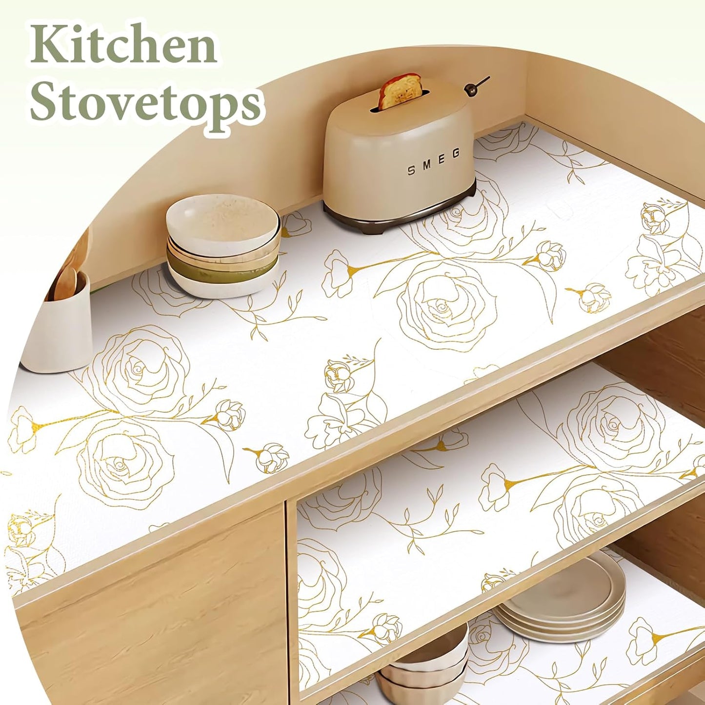 Shelf Liners for Kitchen Cabinets 12in x 30FT Non Adhesive Drawer Liner Gold Floral Thickened Shelf Liner Paper Strong Non-Slip Easy to Clean for Tool Box Refrigerator with Knife and Tape Measure