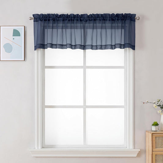 Chyhomenyc Sheer Valances for Windows 2 Pack, Small Window Curtains for Living Room Bathroom Cafe Laundry Basement, Modern Top Dual Rod Pocket Voile Curtain, 42W x 18L inches, Navy Blue