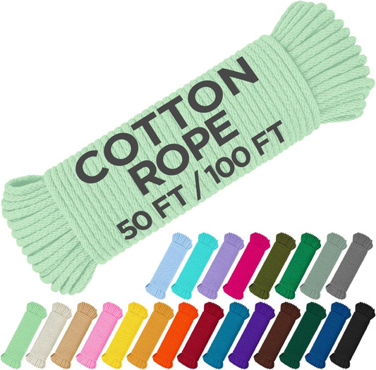 TECEUM Cotton Rope 3/16” (5 mm) – 100 FT – Strong All-Purpose Braided Rope – Natural Cotton – for Crafting, Сamping, Clothes Line, DIY, Indoor & Outdoor Use – Mint