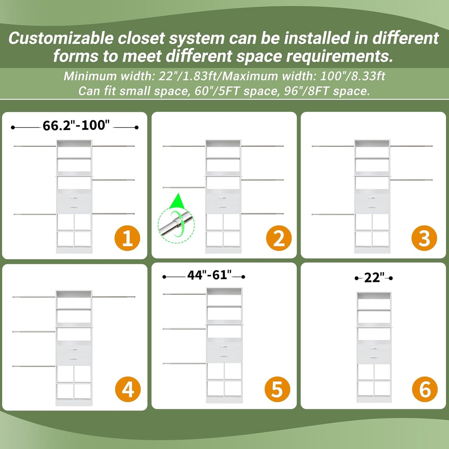 Closet System, 4-8 FT Closet Organizer Tower with 2 Wooden Drawers and Shelves, Can Fit 60 to 96 inch Walk-in Closet System with 5 Hanging Rods, Built-in, White