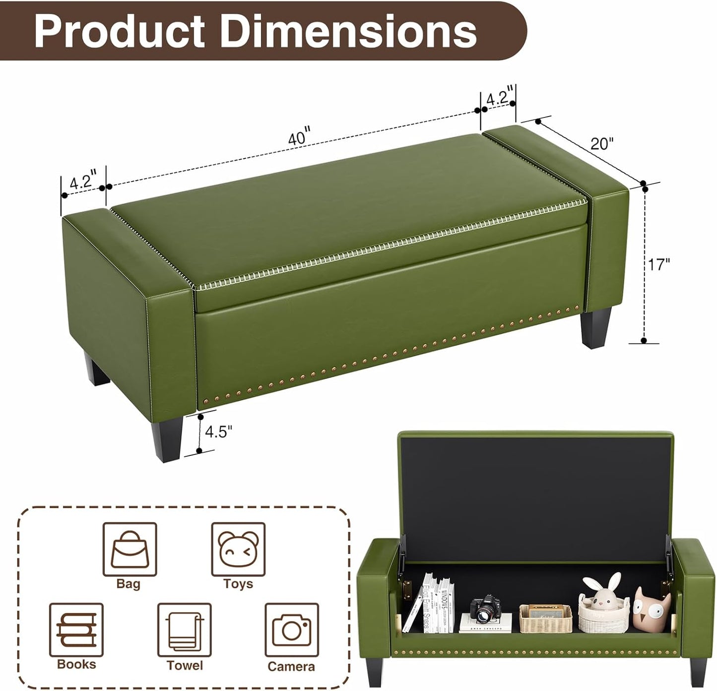 48.8" Storage Ottoman Bench Green | Faux Leather Bedroom Bench with Lift Top for Living Room & Bed End