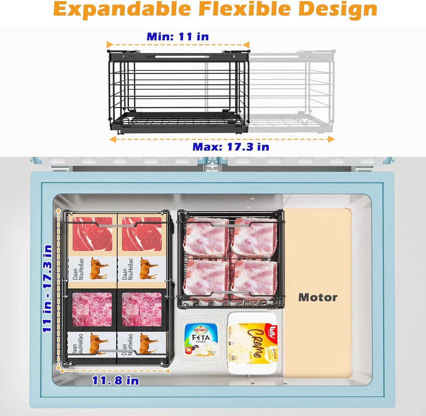 NADAMOO Freezer Organizer Bins, 3 Packs Large Expandable Stackable Chest Freezer Containers with Handle, Metal Adjustable Storage Baskets for Fridge, Deep Freezer, Cabinet, Kitchen, Pantry - Black