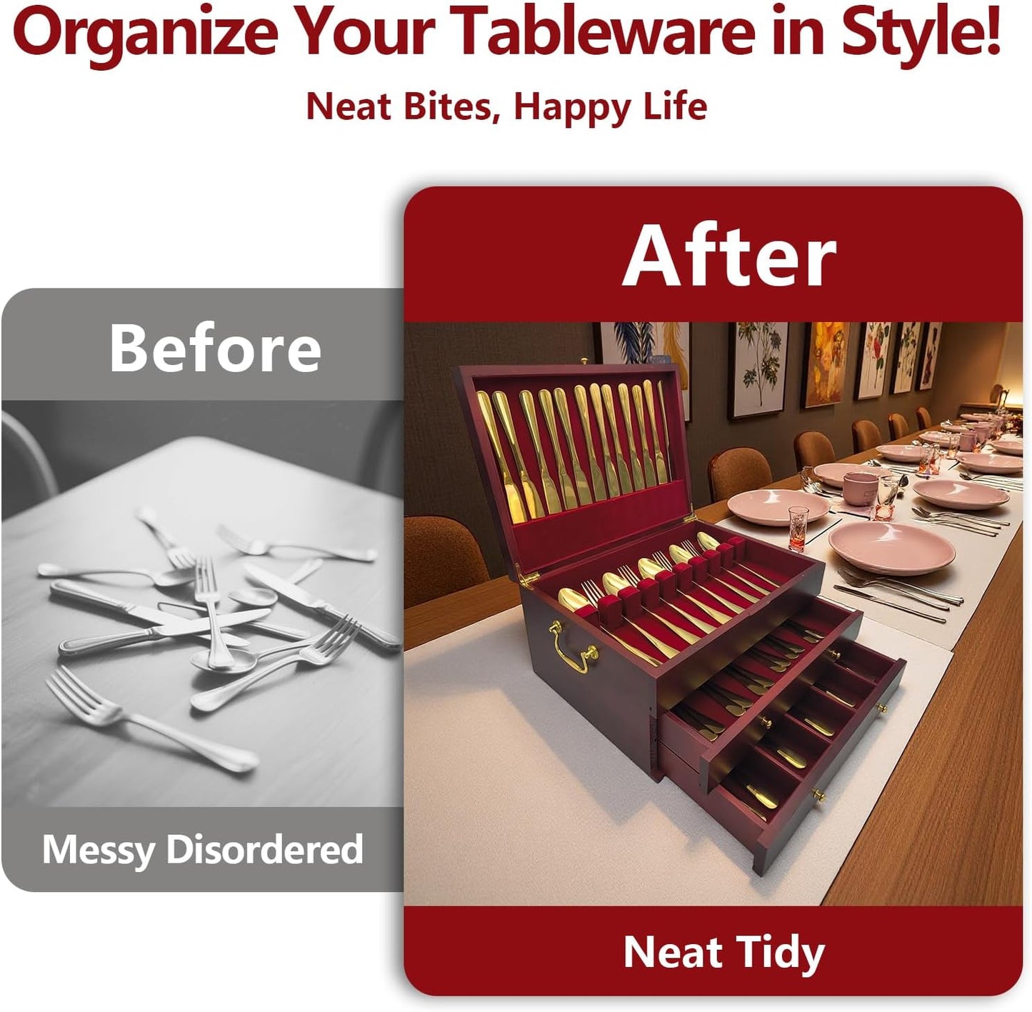 Silverware Storage Box, Kitchen Drawer Organizer, Drawer-containing flap-type storage box, Wood Chest, with Tarnish Proof Felt Lined, Storage Silver Chest for Kitchen (3 layer)