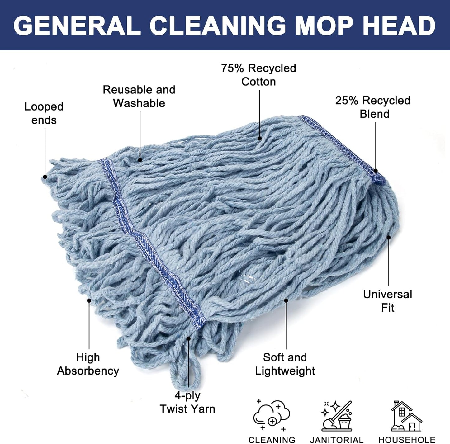 KeFanta 3 Pack Heavy Duty Commercial Mop Head Replacement,Looped End String Cotton Mop Heads,Industrial Wet Mops Refill for Floor Cleaning(Blue)