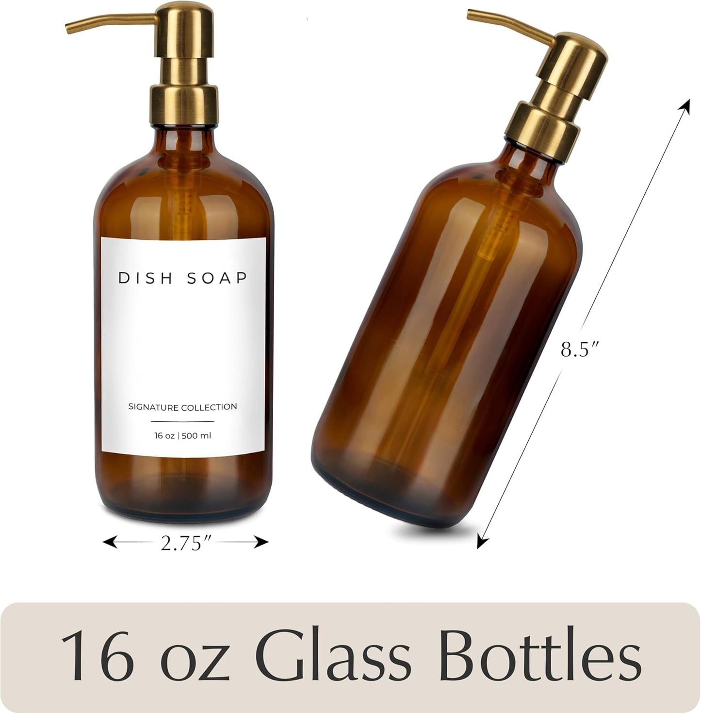 Emerson Essentials Glass Soap Bottle Dispensers, 2 Pack, Stainless-Steel Pumps Rust-Free, Hand Set for Bathroom Kitchen Sink, Liquid Lotion Shampoo Jars with 4 Waterproof Labels, 16 Oz Amber/Gold