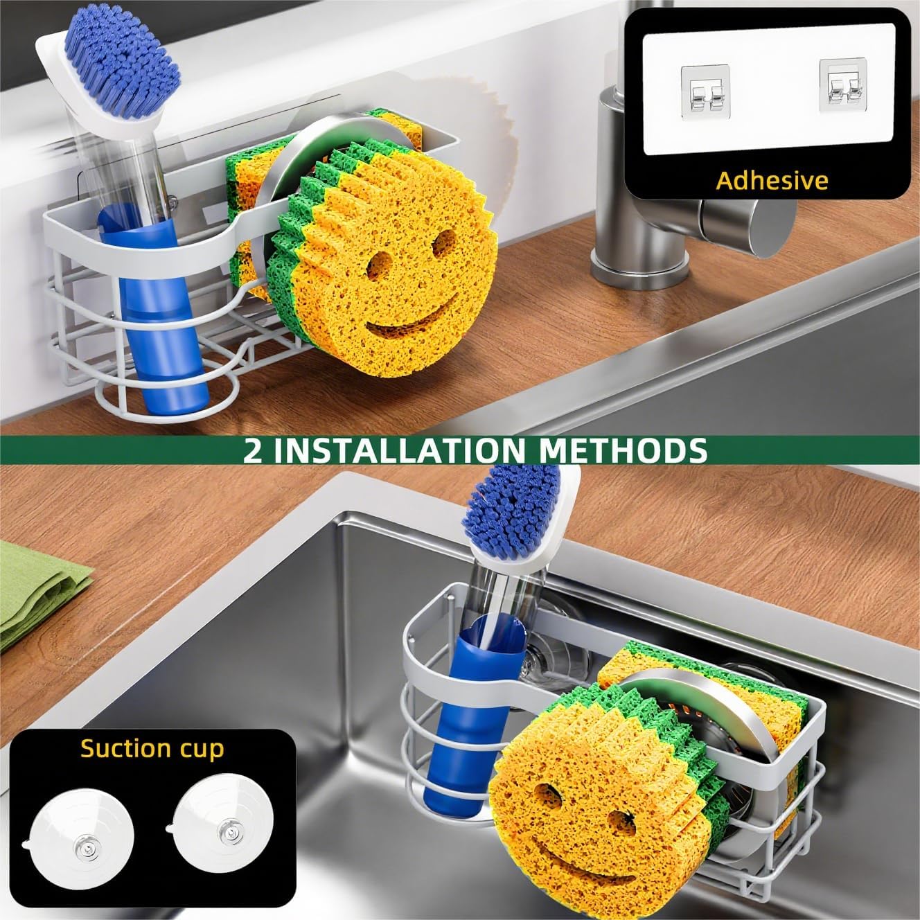 Cisily Grey Smiley Sponge Holder for Kitchen Sink Caddy, Stainless Steel Brush Holder Dish Cloth Hanger, Suction Cup Sink Organizer Scrubber